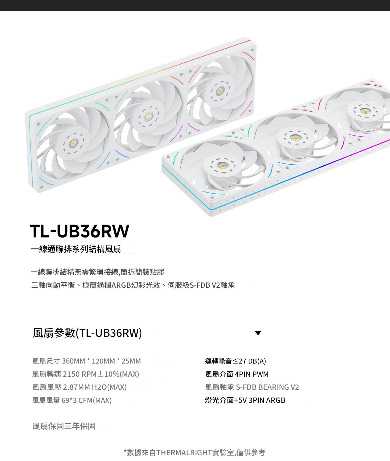 利民 TL-UB36RW 3連一體式 白色 ARGB 