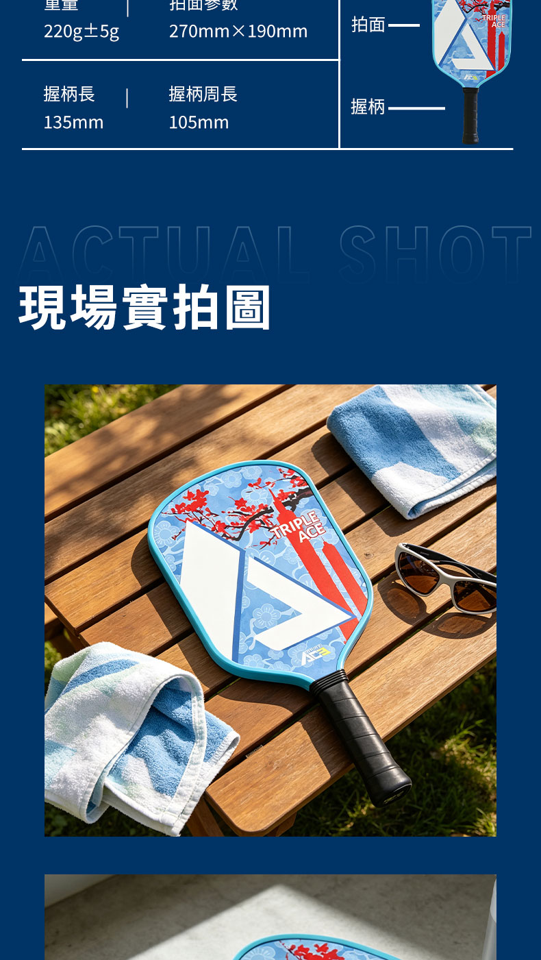 里220g±5g270mm190mm拍面TRIPLE握柄長握柄周長握柄-135mm105mmACTUAL SHOT現場實拍圖TRIPLEACE