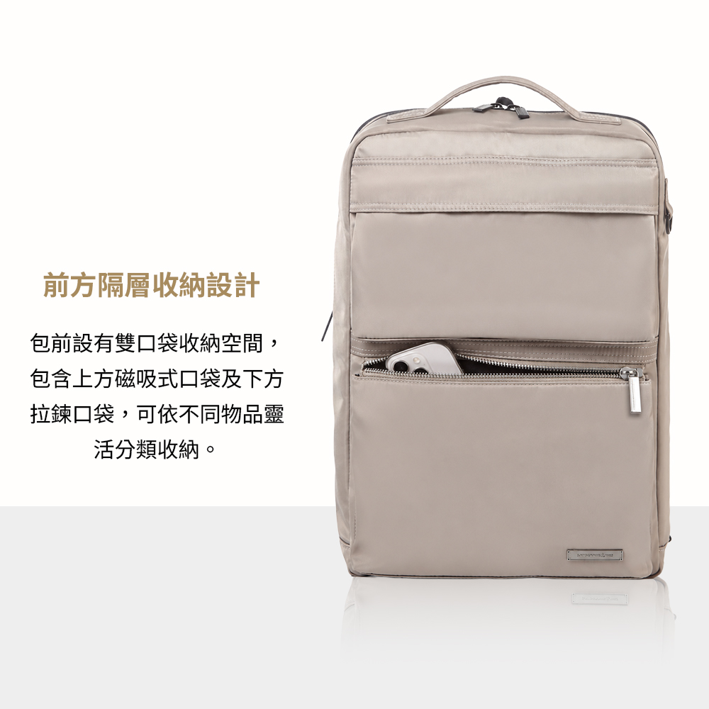 前方隔層收納設計包前設有雙口袋收納空間,包含上方磁吸式口袋及下方拉鍊口袋,可依不同物品靈活分類收納。