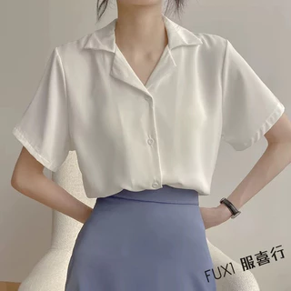 FUXI 短袖襯衫女 韓系復古 職業襯衫 西裝領 翻領襯衫 長袖襯衫女 素色上衣