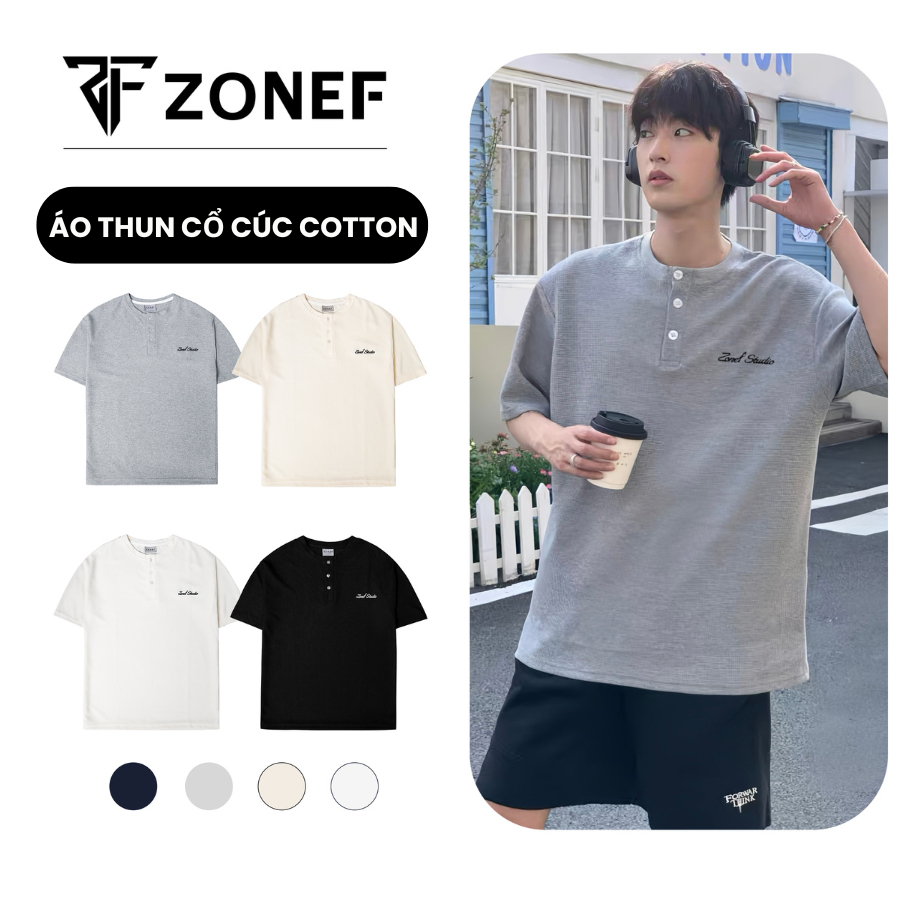 ZONEF OFFICIAL 男式鈕扣領棉質華夫格短袖 T 恤常規形式酷 ATC | 蝦皮購物
